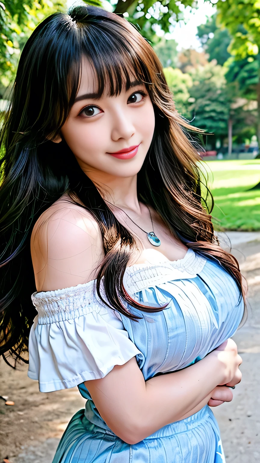 Full body camera angle、((highest quality、8K、Masterpiece: 1.3))、concentrate: 1.2、Cute Girl 1、Nipple erection、Perfect beauty: 1.4、Colorful off-the-shoulder T-shirtini skirt: 1.2、Long sleeve、Randall Color、Comics&Text Graphics、Black ruffle trim drawstring zip blouse、1.1、Highly detailed face and skin textures、fine grain、double eyelid、Whitening skin、highest quality、Ultra-high resolution、you、One girl、one person、_Shiny skin、Iris、necklace、Full body angle、walk in the park、 ((Brown_length_Wavy_hair)),(lips))、eyelash、bangs、process、Compensation、Shine、pores、Skin type、Big Breasts、smile、lively、Selfie