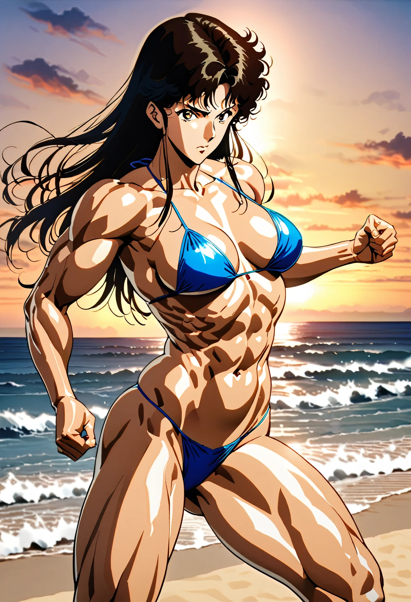 one sexy girl 26 years old, hitomi kisugi, azure thong bikini, standing tall and dominant, self confident ,serious, superb, sensual, ((fit and trained body with well defined muscles)), posing , dark haired, strong, long legged , beach, teasing, sunset, chiseled abdomen, aggressive pose, attacking with violent karate