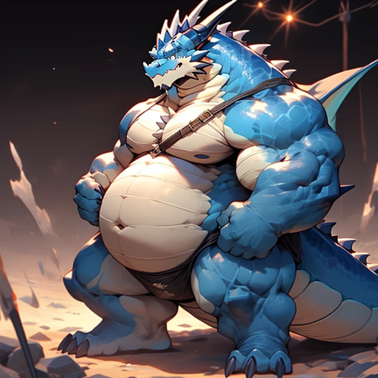 A muscular blue dragon with a big gut, big pecs and big ass crushed an other dragon with his belly