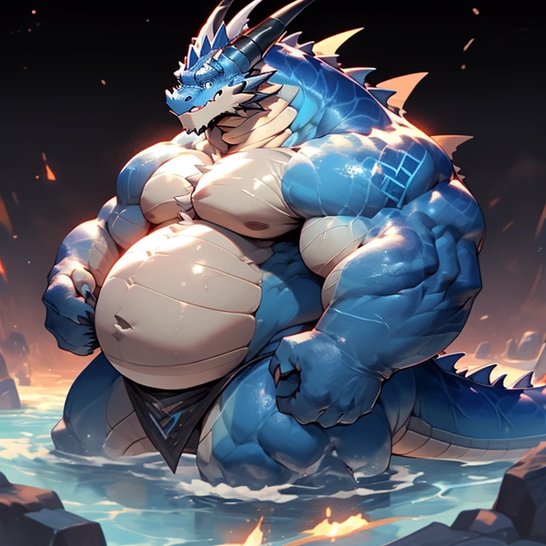 A muscular blue dragon with a big gut, big pecs and big ass crushed an other dragon with his belly