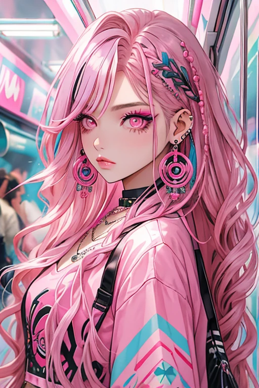 Niji Style, 1girl, solo, long hair, jewelry, pink hair, earrings, pink iris, necklace, eyelashes, makeup, wavy hair, piercing, lipstick, ear piercing, eyeshadow, hoop earrings, multicolored eyes, rebellious pink theme, pink eyeshadow, (background: subway), from side, looking at viewer, full shot
