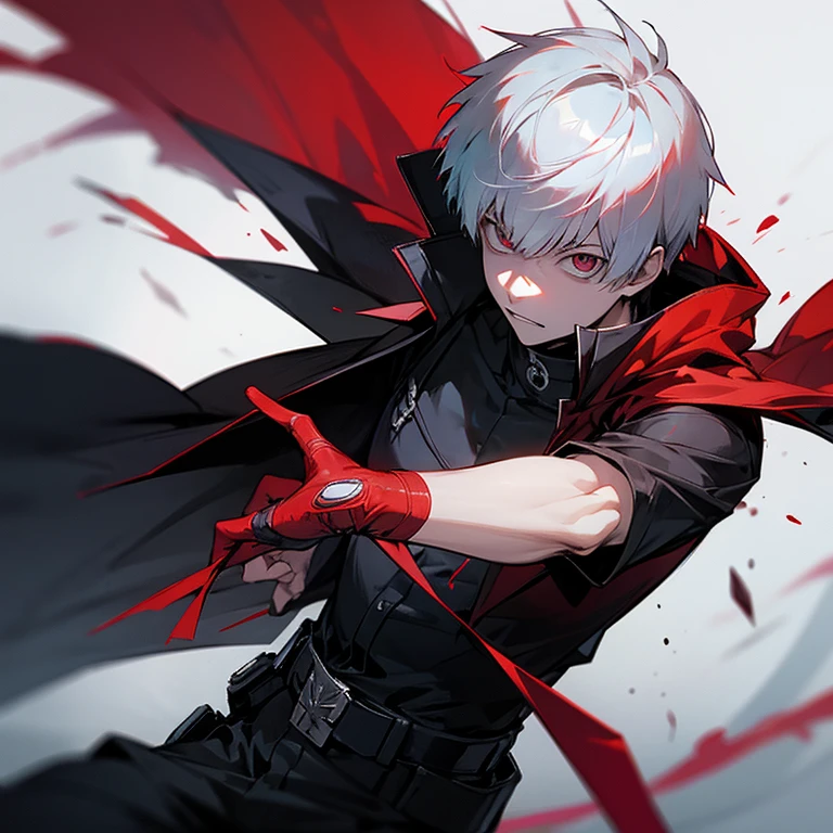 one japanese male, black parka, white hair with red highlights, high res, ultrasharp, jujutsu kaisen style, dragon arm, crow wings masterpiece, grey eyes