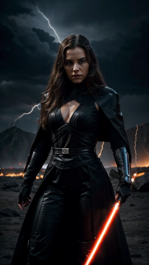 (best quality,highres:1.2),ultra-detailed,realistic:1.37,powerful Sith Lord,captivating portrayal,padme almidala,blazing red lightsaber,strikes through a Jedi,mesmerizing gaze,long flowing hair,pitch black cloak flowing behind her commanding presence,force lightning crackling around her,sinister aura,surrounded by darkness,ominous atmosphere,fierce determination,intense energy,evil incarnate,dark side of the force,master of manipulation,deceptive and cunning,dominating the battlefield,sith symbol prominently displayed,dark force powers unleashed,iconic and unforgettable,vivid colors,deep shadows,dramatic lighting,showdown of light and darkness,clash of good and evil