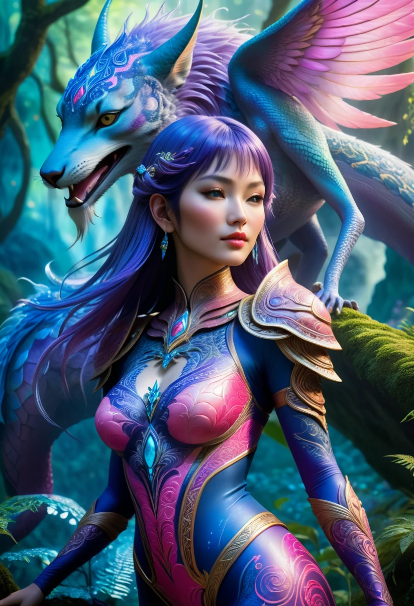 (best quality,4k,highres),(realistic,photorealistic:1.37),(Yoshitaka Amano style:1.1) A woman and her guardian familiar, mystical creature,otherworldly creature,enchanting companions,wearing stylish futuristic clothes,inspired by Phantasy Star Online. The woman is the central focus, with her eyes brightly colored and her facial features elegantly detailed. Her lips are painted with a vibrant shade, adding to her allure. She is accompanied by a guardian familiar, a mystical creature with intricate patterns on its skin. The creature's presence adds a sense of wonder and magic to the scene. The woman and her companion stand in a mesmerizing landscape, with lush vegetation and sparkling waterfalls. The colors are vibrant, with a mixture of blues, purples, and pinks creating a dreamlike atmosphere. The lighting is soft but illuminating, casting a gentle glow on both the woman and the creature. The overall composition has a realistic and photorealistic quality, capturing the essence of the scene in intricate detail. The art style is inspired by Yoshitaka Amano, known for his ethereal and otherworldly illustrations. The combination of realistic elements with the artist's unique style creates a captivating and visually stunning image.
