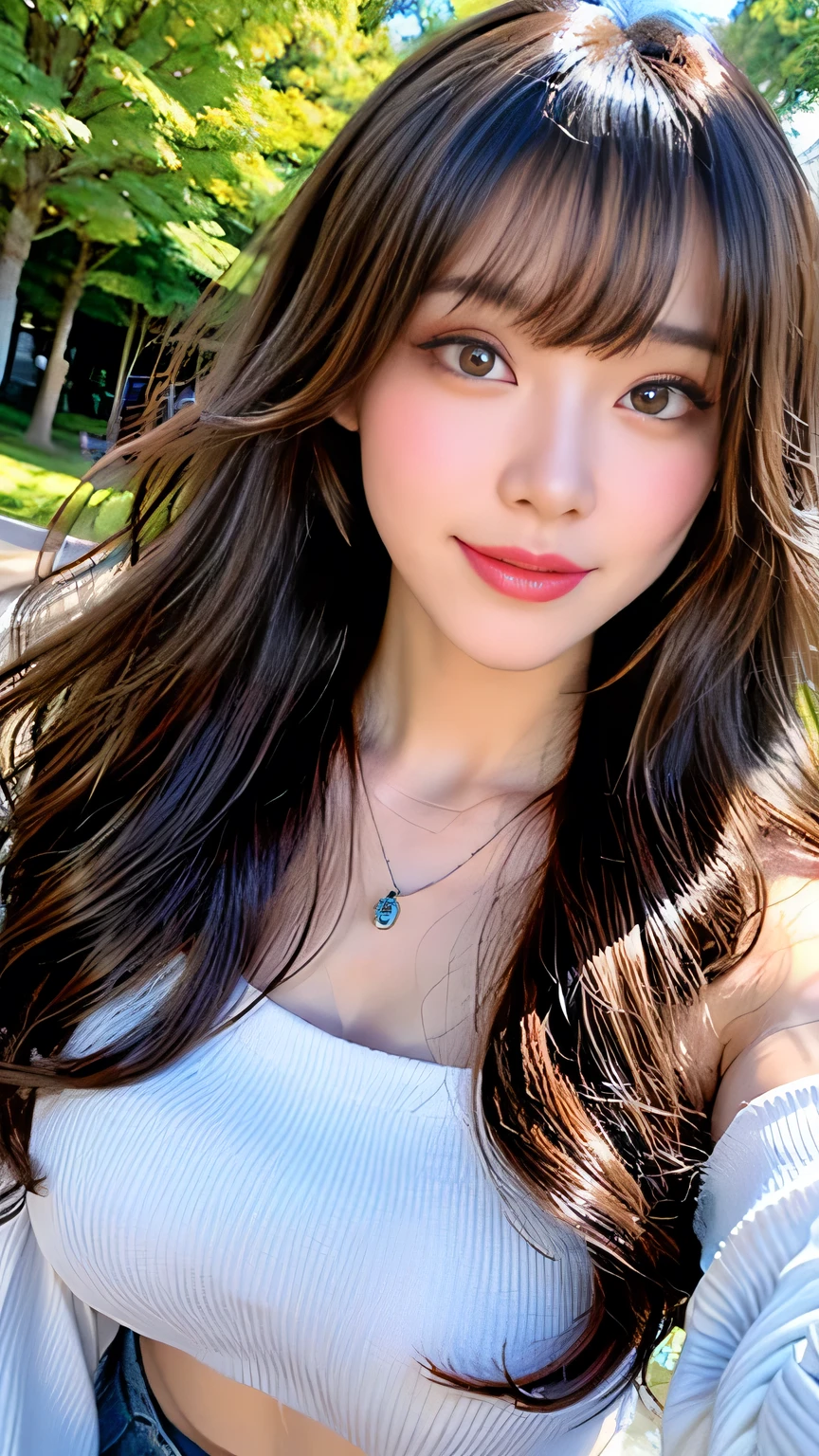 Full body camera angle、((highest quality、8K、Masterpiece: 1.3))、concentrate: 1.2、Cute Girl 1、Nipple erection、Perfect beauty: 1.4、Colorful off-the-shoulder T-shirtini skirt: 1.2、Long sleeve、Randall Color、Comics&Text Graphics、Black ruffle trim drawstring zip blouse、1.1、Highly detailed face and skin textures、fine grain、double eyelid、Whitening skin、highest quality、Ultra-high resolution、you、One girl、one person、_Shiny skin、Iris、necklace、Full body angle、walk in the park、 ((Brown_length_Wavy_hair)),(lips))、eyelash、bangs、process、Compensation、Shine、pores、Skin type、Big Breasts、smile、lively、Selfie