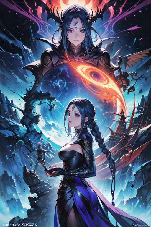 concept art of a fantasy logo, black and white theme with red, blue and purple, a water woman and a fire man converging and revolving around each other onto a sphere