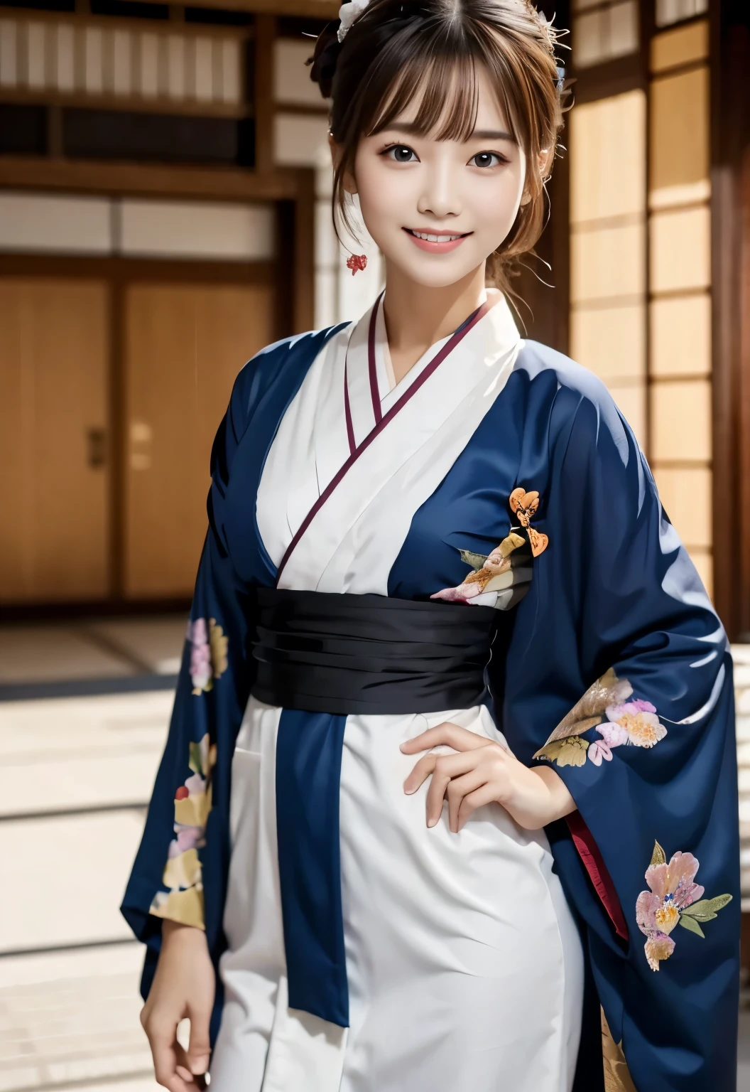 masterpiece, best quality:1.1), (8k, raw photo, photo realistic:1.2, f22), (shiny skin), detailed skin,Bun Hair,detailed face, detailed eyes,smile,BREAK, real world, intricate details, smil, BREAK, 1girl, full body,(kimono)BREAK, (okinawa:1.4)
