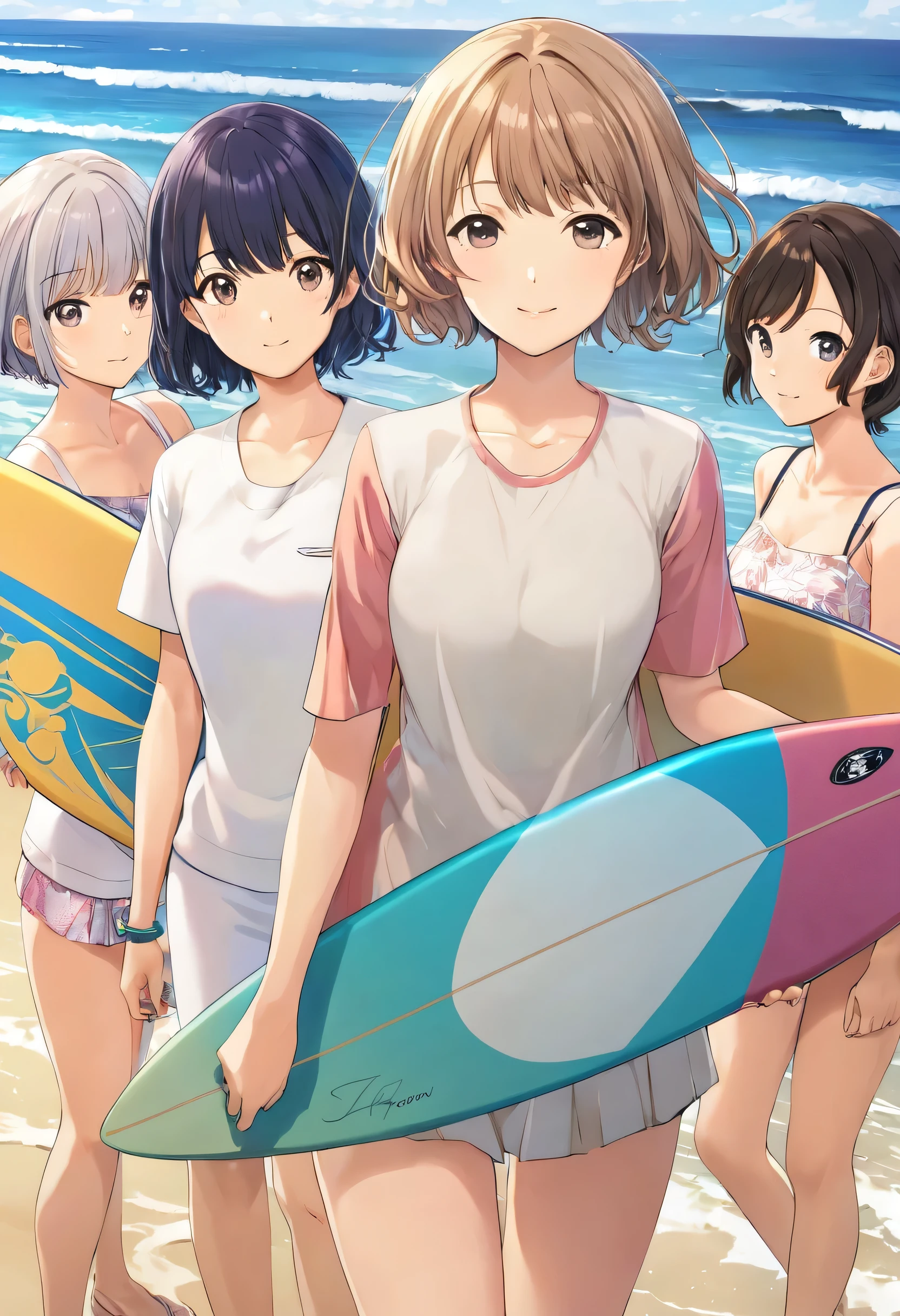 Asian woman in her fifties standing on the beach with a surfboard, Short hair, Chiho, Ayaka, sui ishida, ayami kojima amano, Another close-up of Iwakura, sayori, Yoshitomo Nara, iwakura lain, aoshima Chiho, Takano Aya color style