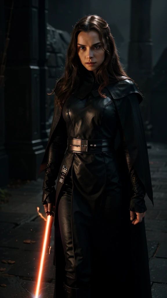 (best quality,highres:1.2),ultra-detailed,realistic:1.37,powerful Sith Lord,captivating portrayal,padme almidala,blazing red lightsaber,strikes through a Jedi,mesmerizing gaze,long flowing hair,pitch black cloak flowing behind her commanding presence,force lightning crackling around her,sinister aura,surrounded by darkness,ominous atmosphere,fierce determination,intense energy,evil incarnate,dark side of the force,master of manipulation,deceptive and cunning,dominating the battlefield,sith symbol prominently displayed,dark force powers unleashed,iconic and unforgettable,vivid colors,deep shadows,dramatic lighting,showdown of light and darkness,clash of good and evil