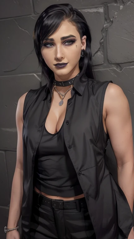 1girl, solo, pefrect face, perfect, rhea riplay, black pants, black vest, black tank top, full body