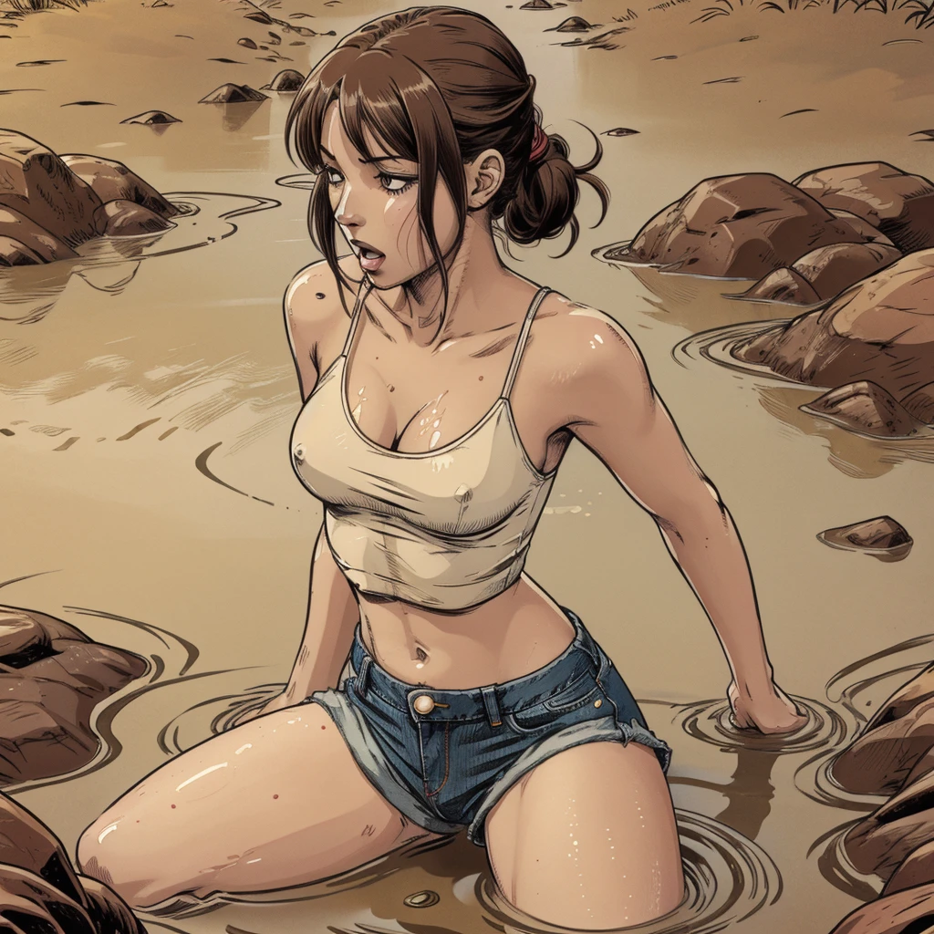 vector image, close-up, anime, junior girl, gloomy orgasm, crop-top, stockings,drowned in quicksand bog,red,denim shorts,