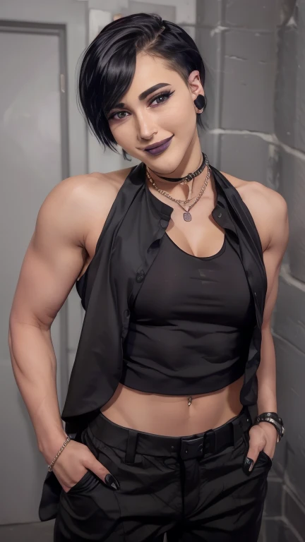  1girl, solo, pefrect face, perfect, rhea riplay, black pants, black vest, black tank top, full body, black color hair, short hair, muscle body, smiling, under view 