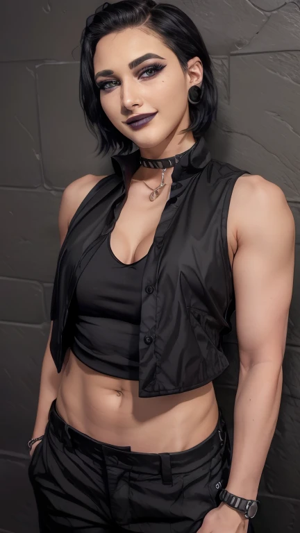 1girl, solo, pefrect face, perfect, rhea riplay, black pants, black vest, black tank top, full body, black color hair, short hair, muscle body, smiling, under view