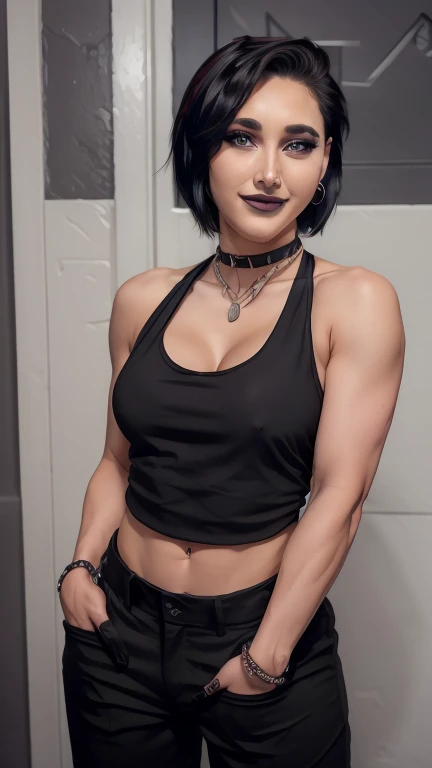  1girl, solo, pefrect face, perfect, rhea riplay, black pants, black vest, black tank top, full body, black color hair, short hair, muscle body, smiling, under view 