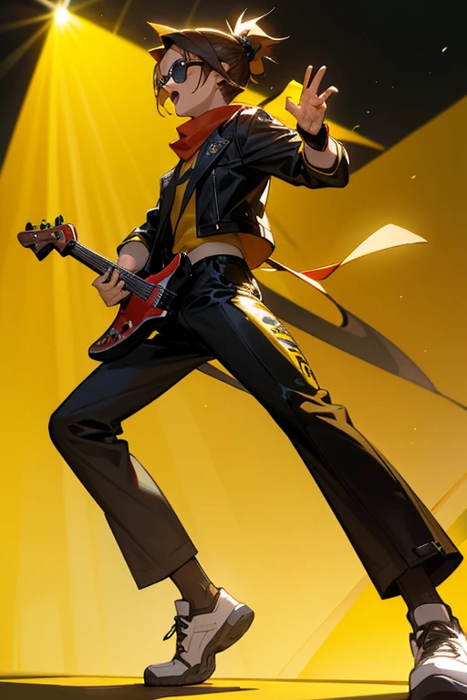 Rody Soul my hero academy is a young boy with spiky brown hair with a short ponytail gray eyes and sun tanned skin. He wears a red scarf and a pair of sunglasses on his head bad pop Star rock clothing black jacket with yellow rays black latex pants black tennis shoes with yellow rays print holding a yellow and black electric bass while singing in a background of a stage with multiple musical notes yellow tufted horse