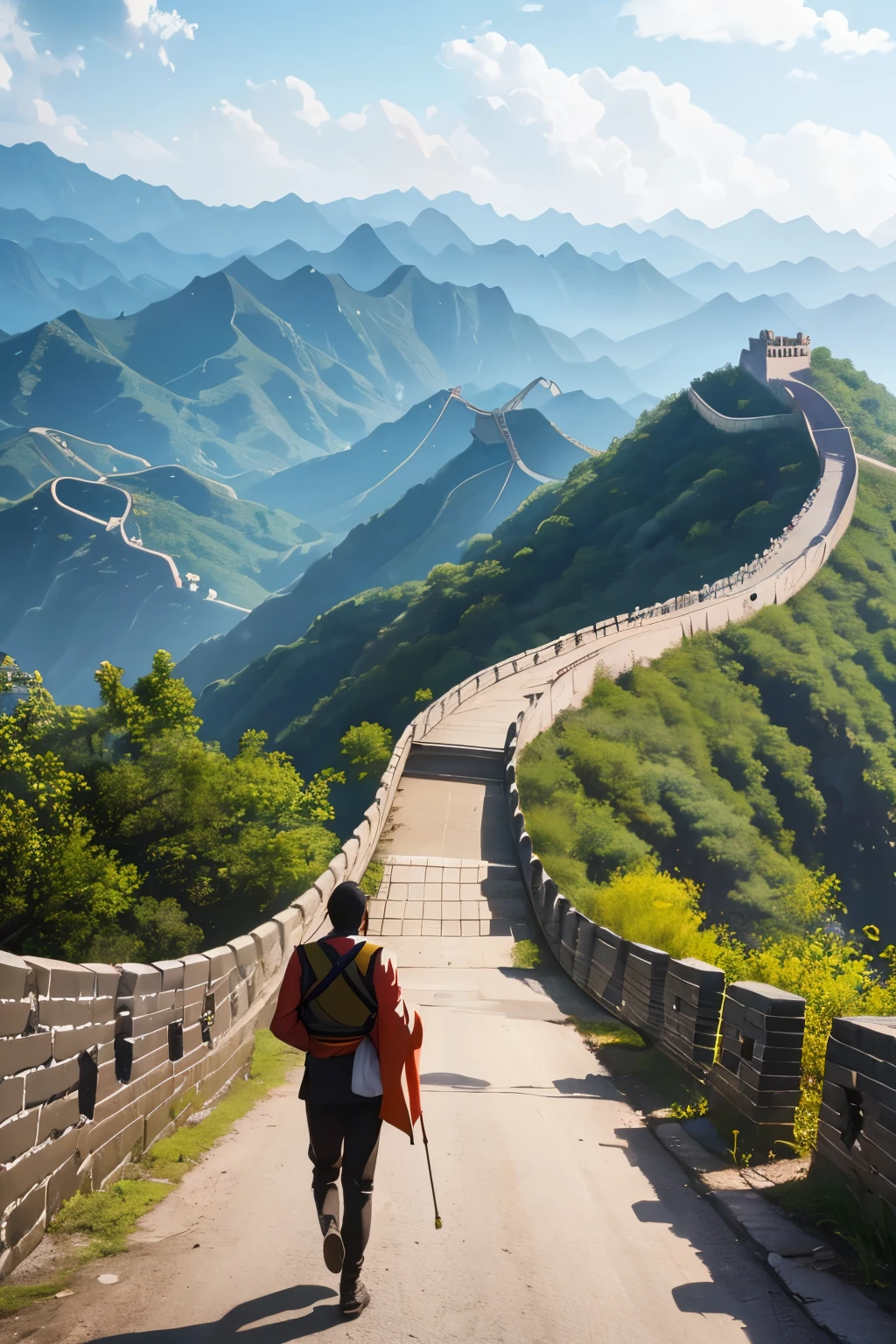 a scene where a man, carrying a Chinese flag on his back, stands on a narrow road. It supports two walls which seem to close around it. In front of him, a young woman, with a Cameroonian flag on her back, walks along the road. She looks behind her with a look of surprise and amazement at what China has been able to achieve.
The side of the road is marked by signs of poverty and misery. However, as one goes further up the road, one sees signs of advancement and development. On the road side, we see references to Covid-19, where China has provided significant assistance.
Still on the same side, we see the Great Wall of China and the Cameroonian Reunification Monument. These elements symbolize strength and unity, contrasting with the challenges and difficulties encountered along the way.