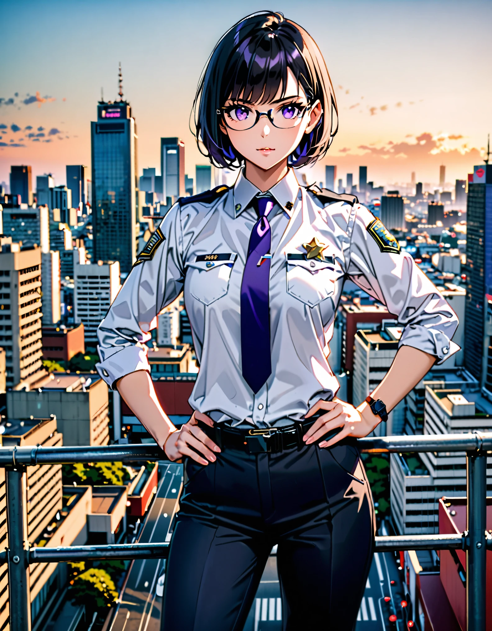 masterpiece, best quality, medium breasts, solo, (jet black hair, short hair, bob hair, purple eyes, bangs), (full body), city backdrop, tokyo city backdrop, solo, single, hands on hip, standing, japanese police uniform, glasses, (white shirt), (black pants, tie), matching shoes, badge, (perfect hands, perfect anatomy), cowboy shot, superhero, ((beautiful detailed eyes)).