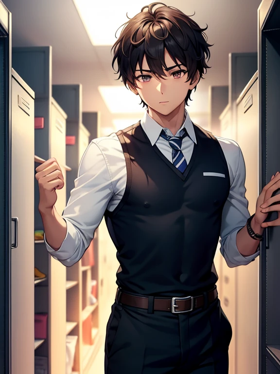 masterpiece, best quality, high resolution, UHD, 8k, ((cowboy shot)), BREAK, 1 boy , ((boy style anime)), Glossy skin, rounded eyes, realistic eyes, Beauty of perfect body, shadow realistic, BREAK, (1.7 muscular body), black skin, boy with dark brown hair, afro hair, short hair, brown eyes, wearing a school vest, long-sleeved white shirt, gray dress pants, with black belt, BREAK, standing next to the locker in a school hallway during the day.