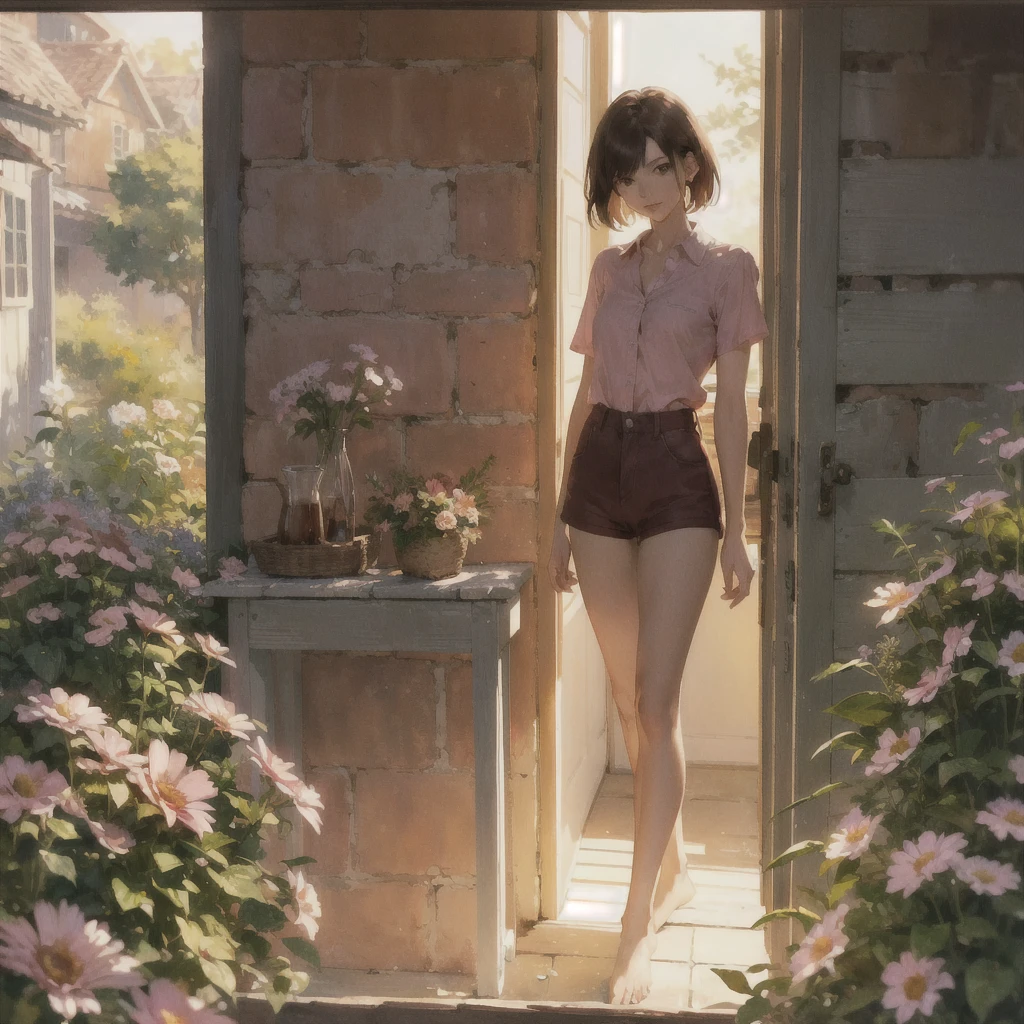 Exquisite, slender, delicate girl of 16 years old with a perfect gentle face of the southern type ((with short burgundy hair)) with freckles with a ruby earring in the rays of the rising sun, naked with tender breasts with pink nipples ((barefoot)) ((in an unbuttoned pink shirt over his naked body and short burgundy shorts)) ((on the veranda of a brick house in the garden)) (Drinks (coffee) and looks at the flowers), in watercolor style, discreet light shades, Flares, imitation of film photography, against the sun, a lot of sun glare, light fills the frame, High image quality, Maximum detail, sunset lighting, Warm evening shades, warm golden and olive sunset light, big space eyes