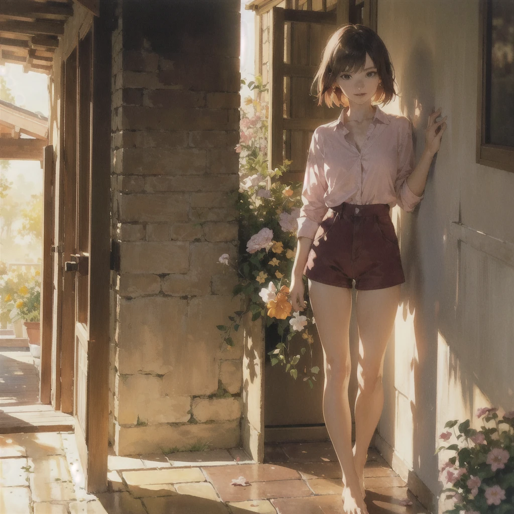 Exquisite, slender, delicate girl of 16 years old with a perfect gentle face of the southern type ((with short burgundy hair)) with freckles with a ruby earring in the rays of the rising sun, naked with tender breasts with pink nipples ((barefoot)) ((in an unbuttoned pink shirt over his naked body and short burgundy shorts)) ((on the veranda of a brick house in the garden)) (Drinks (coffee) and looks at the flowers), in watercolor style, discreet light shades, Flares, imitation of film photography, against the sun, a lot of sun glare, light fills the frame, High image quality, Maximum detail, sunset lighting, Warm evening shades, warm golden and olive sunset light, big space eyes