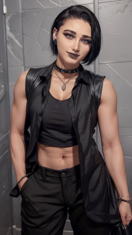  1girl, realistic, solo, pefrect face, perfect, rhea riplay, black pants, black vest, black tank top, full body, black color hair, short hair, muscle body, smiling, under view 