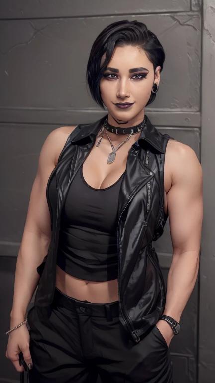  1girl, realistic, solo, pefrect face, perfect, rhea riplay, black pants, black vest, black tank top, full body, black color hair, short hair, muscle body, smiling, under view 