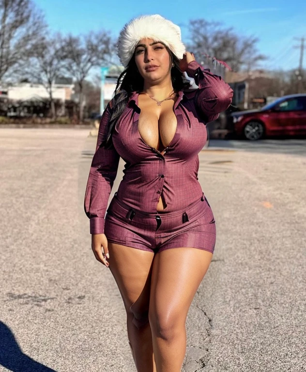 Stylish black Button up shirt, curvy, curvy hip, curvy thighs, skin color match, large breasts, full cleavage, flat stomach, smooth legs