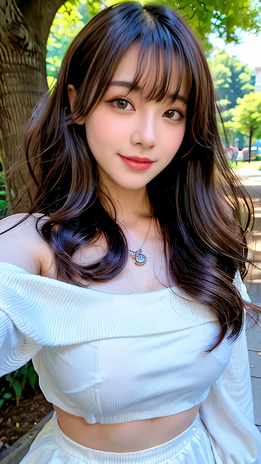 Full body camera angle、((highest quality、8K、Masterpiece: 1.3))、concentrate: 1.2、Cute Girl 1、Nipple erection、Perfect beauty: 1.4、Colorful off-the-shoulder T-shirtini skirt: 1.2、Long sleeve、Randall Color、Comics&Text Graphics、Black ruffle trim drawstring zip blouse、1.1、Highly detailed face and skin textures、fine grain、double eyelid、Whitening skin、highest quality、Ultra-high resolution、you、One girl、one person、_Shiny skin、Iris、necklace、Full body angle、walk in the park、 ((Brown_length_Wavy_hair)),(lips))、eyelash、bangs、process、Compensation、Shine、pores、Skin type、Big Breasts、smile、lively、Selfie