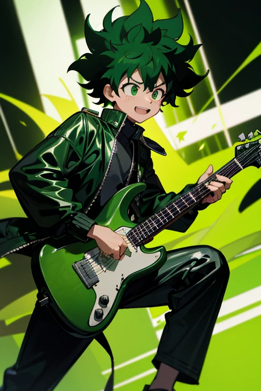 Izuku Midoriya bad boy pop star rock clothing black jacket with green flames black latex pants black sneakers with green flame print holding a green and black guitar while singing in a background of a stage with multiple musical notes 