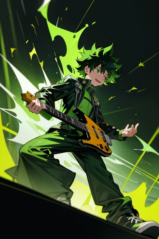 Izuku Midoriya bad boy pop star rock clothing black jacket with green flames black latex pants black sneakers with green flame print holding a green and black guitar while singing in a background of a stage with multiple musical notes 