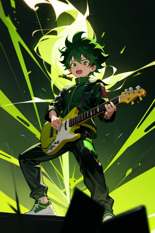 Izuku Midoriya bad boy pop star rock clothing black jacket with green flames black latex pants black sneakers with green flame print holding a green and black guitar while singing in a background of a stage with multiple musical notes