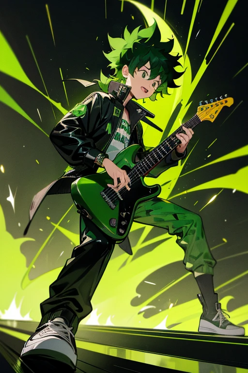 Izuku Midoriya bad boy pop star rock clothing black jacket with green flames black latex pants black sneakers with green flame print holding a green and black guitar while singing in a background of a stage with multiple musical notes