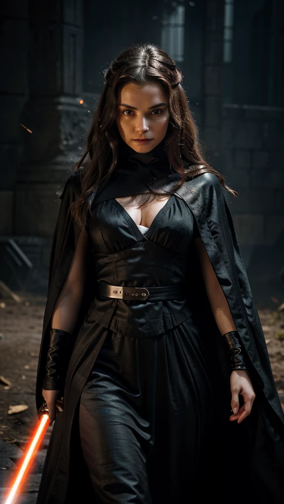 Padme Amidala as a Sith,flowing hair,dark night-like cloak,yellow powerful eyes,red lightsaber,(best quality, ultra-detailed, realistic:1.37), evil expression, shadowy atmosphere, intense fight scene, dramatic lighting, fierce pose, smoke effects, red glow, menacing background, intricate costume details, dark ambiance, vibrant colors, cinematic style, mystical aura, textured cloak, sparks flying, action-packed, dynamic composition.