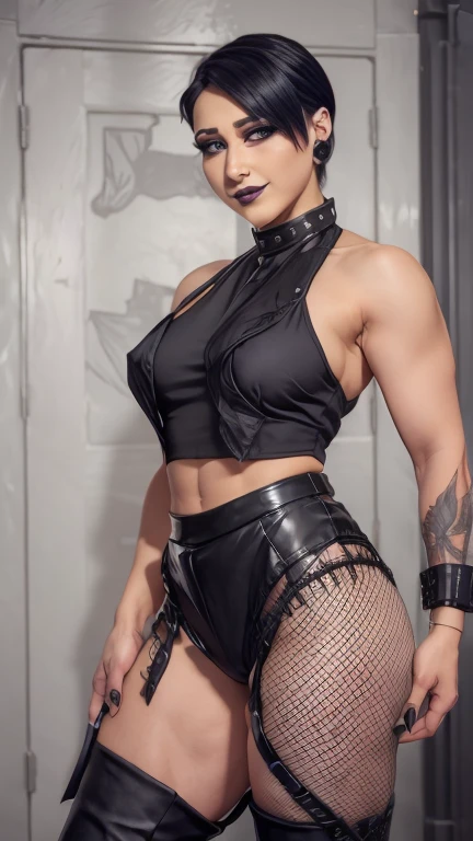 1girl, realistic, solo, rhea riplay, black tights, fishnet tights, full body, boots ,black color hair, short hair, muscle body, smiling, under view,