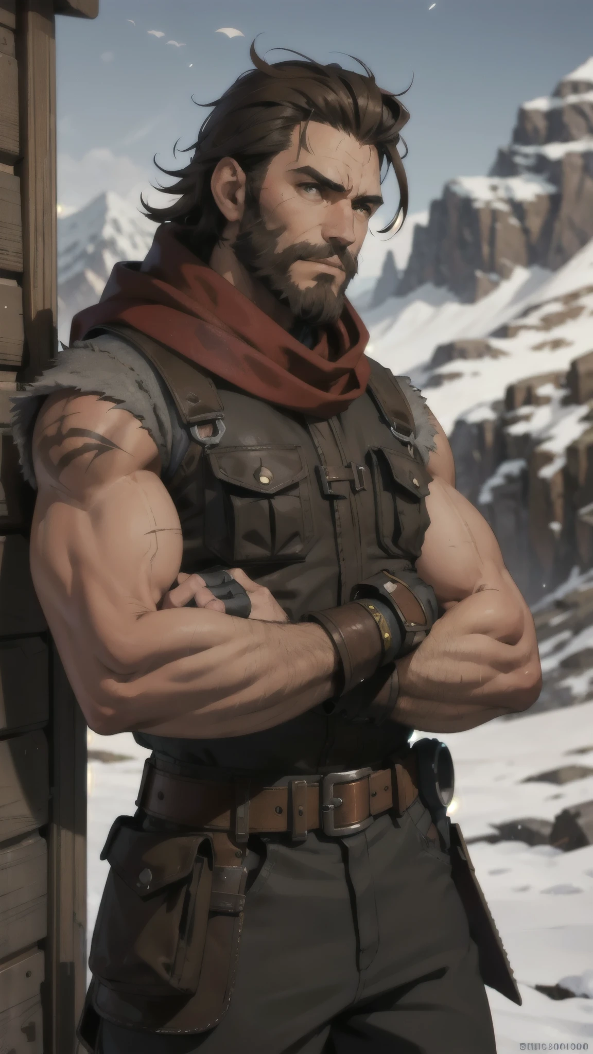 steampunk mechanic, male, stalky build, rugged face, scar, red fur scarf, brown hair, brown beard, detailed face, early morning, snowy mountains, depth of field, blurry background
