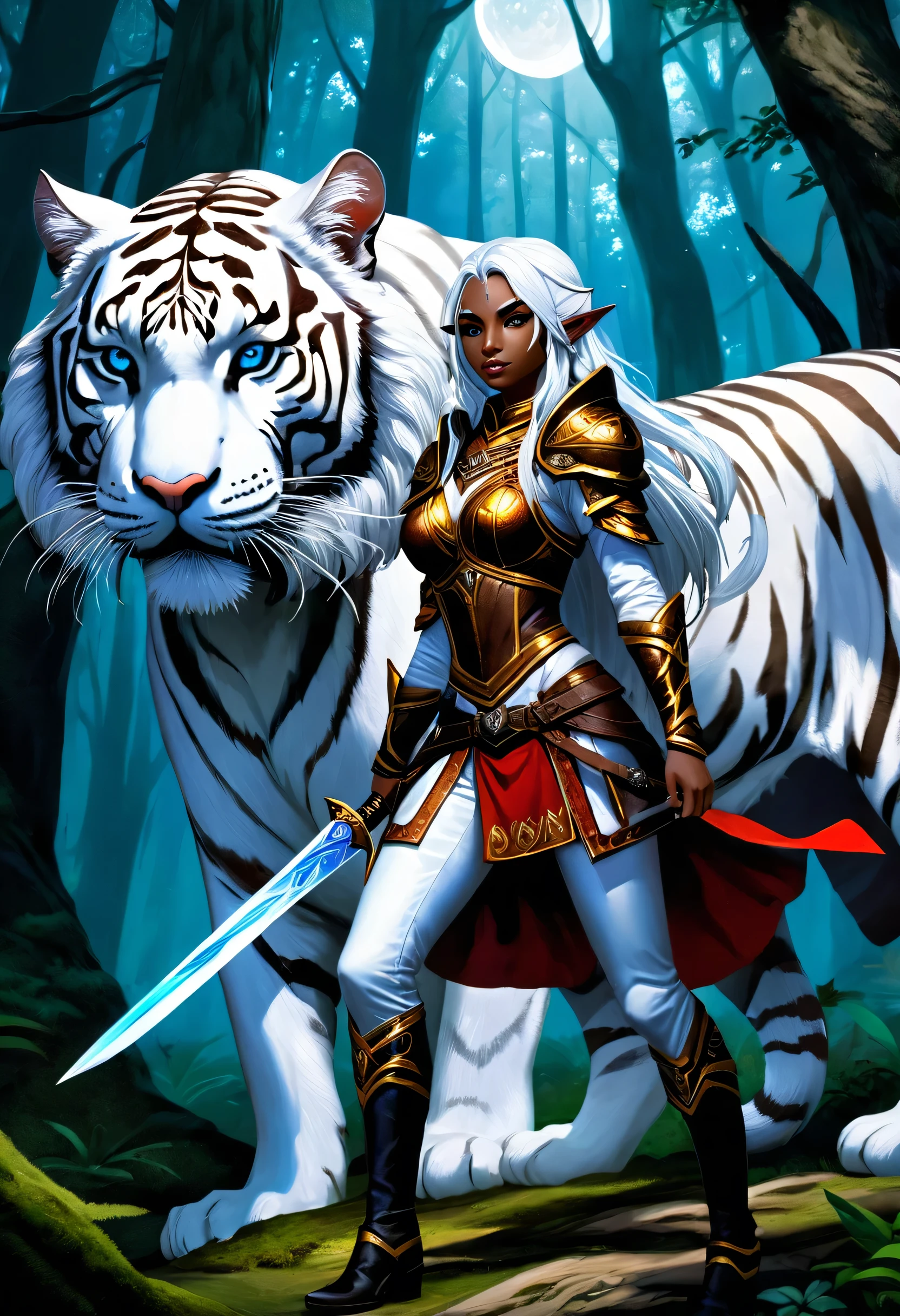 high details, best quality, 16k, [Ultra detailed], masterpiece, best quality, (extremely detailed), dynamic angle, ultra wide shot, RAW, photorealistic, fantasy art, RPG art, realistic art, a wide angle picture of an epic female drow elf ranger and her pet (white tiger: 1.3),  warrior of nature, fighter of nature, full body, [[anatomically correct]] full body (intricate details, Masterpiece, best quality: 1.5) talking to am epic (white tiger: 1.3) (intricate details, Masterpiece, best quality: 1.6) armed with an epic magical sword  (intricate details, Masterpiece, best quality: 1.5) epic magical sword fantasysword sword, glowing in blue light , in dark forest ( intricate details, Masterpiece, best quality: 1.4), a female beautiful epic drow wearing leather armor (intricate details, Masterpiece, best quality: 1.5), leather boots, thick hair, long hair, white hair, black skin intense eyes, forest  background (intense details), moon light, stars light, clouds (intricate details, Masterpiece, best quality: 1.5), dynamic angle, (intricate details, Masterpiece, best quality: 1.3), high details, best quality, highres, ultra wide angle, dungeons and dragons