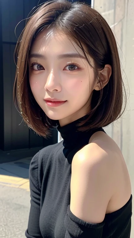 (((Close-up of face)))、(((Absolutely shoulder-length brown straight short bob)))、(((She is posing like a hair salon model, with a black wall indoors as the background.)))、(((Casual black winter long sleeve outfit)))、Half Japanese, half Korean、18 year old girl、Standing Alone、Looking forward、Light eye makeup、Brown Hair Color、Flat and 、Hair blowing in the wind、Actress Quality、Glossy, ultra-realistic face、Smiling face、Watery eyes、Gazing Up、Subtle lighting effects、 Ultra-Realistic Capture、Very detailed、High resolution 16K close up of human skin。Skin texture must be natural、The details must be such that pores can be clearly seen、The skin is healthy、Uniform tone、Use natural light and colors、A worn-out, high-quality photo taken by a model agency&#39;s in-house photographer.、smile、(((SIGMA 300 mm F/1.4,1/1000 sec shutter,ISO 400)))
