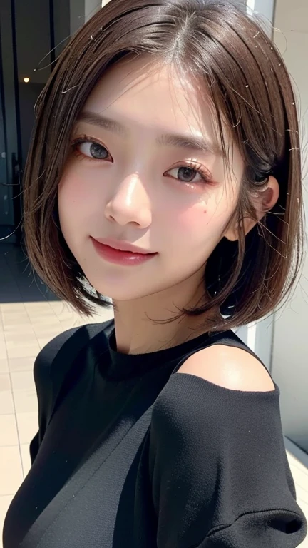 (((Close-up of face)))、(((Absolutely shoulder-length brown straight short bob)))、(((She is posing like a hair salon model, with a black wall indoors as the background.)))、(((Casual black winter long sleeve outfit)))、Half Japanese, half Korean、18 year old girl、Standing Alone、Looking forward、Light eye makeup、Brown Hair Color、Flat and 、Hair blowing in the wind、Actress Quality、Glossy, ultra-realistic face、Smiling face、Watery eyes、Gazing Up、Subtle lighting effects、 Ultra-Realistic Capture、Very detailed、High resolution 16K close up of human skin。Skin texture must be natural、The details must be such that pores can be clearly seen、The skin is healthy、Uniform tone、Use natural light and colors、A worn-out, high-quality photo taken by a model agency's in-house photographer.、smile、(((SIGMA 300 mm F/1.4,1/1000 sec shutter,ISO 400)))