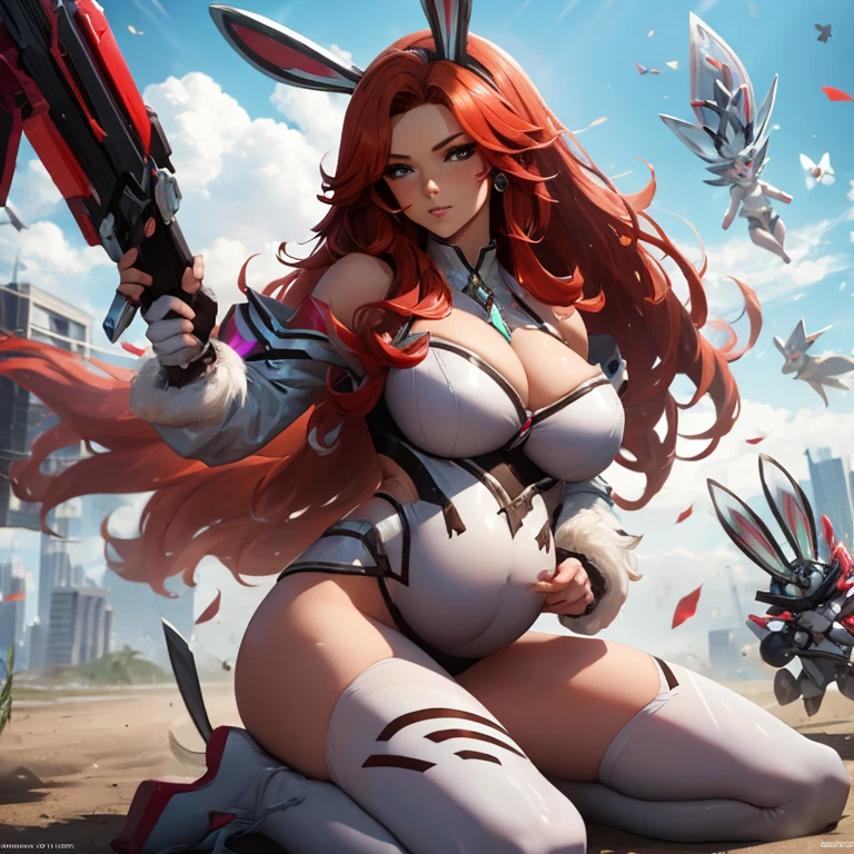 Sexy pregnant battle bunny miss Fortune, red hair, tight white combat suit, cleavage