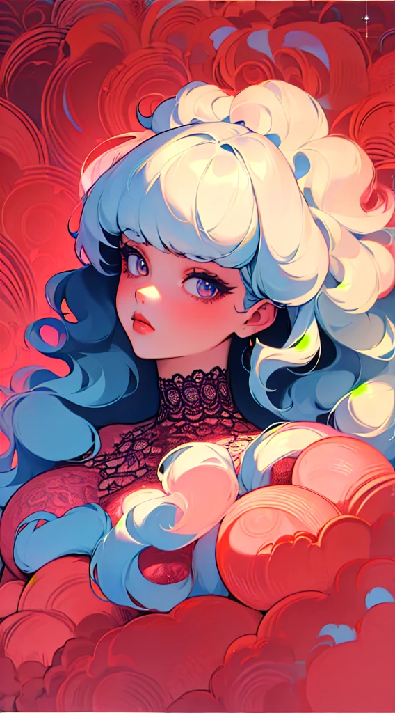 (masterpiece, best quality), beautiful woman, wavy hair, assymetrical bangs, intricate lace lingerie, perfect face, beautiful face, alluring, big gorgeous eyes, huge breasts, soft smile, perfect slim fit body, luxury bedroom, bright colors, (risograph)