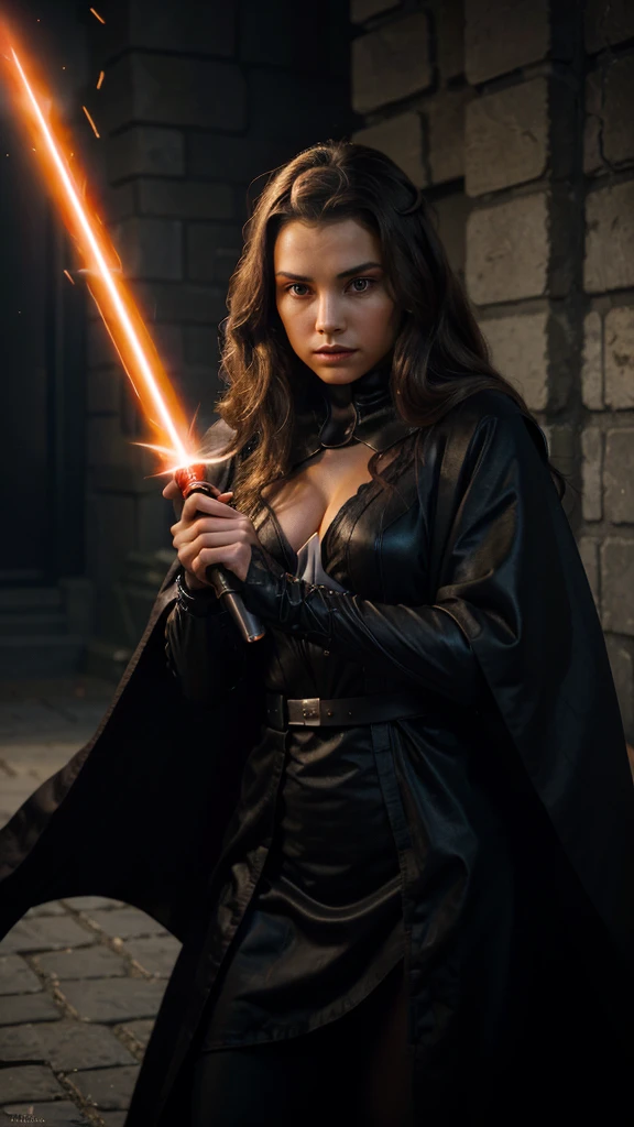 Padme Amidala as a Sith,flowing hair,dark night-like cloak, YELLOW POWERFUL EYES, red lightsaber,(best quality, ultra-detailed, realistic:1.37), evil expression, shadowy atmosphere, intense fight scene, dramatic lighting, fierce pose, smoke effects, red glow, menacing background, intricate costume details, dark ambiance, vibrant colors, cinematic style, mystical aura, textured cloak, sparks flying, action-packed, dynamic composition. She is the best Sith to ever live