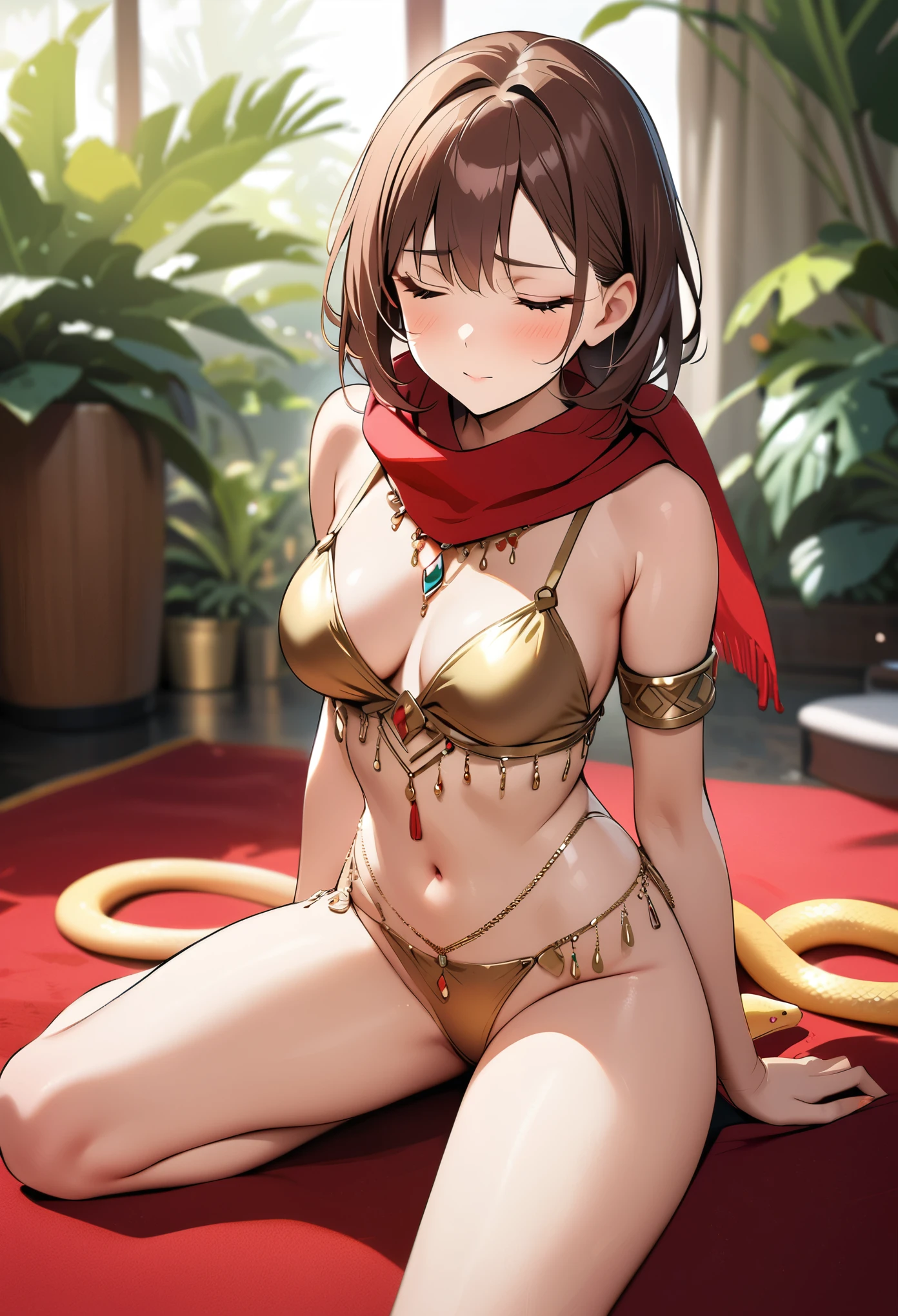 Top image quality，masterpiece，Best quality，Details，(Practical:1.2)，A woman sits on the ground，extremely detailed brown hair，(beauty face:1.05)，With eyes closed，Wearing a dancer costume，Red scarf，Gold body chain，(a detailed yellow snake coils thighs:0.9)，(Dreamy feeling:1.08)，In the room，Tropical plants，Red Carpet，(Gaussian Blur:1.2)，(Background blur:1.2)