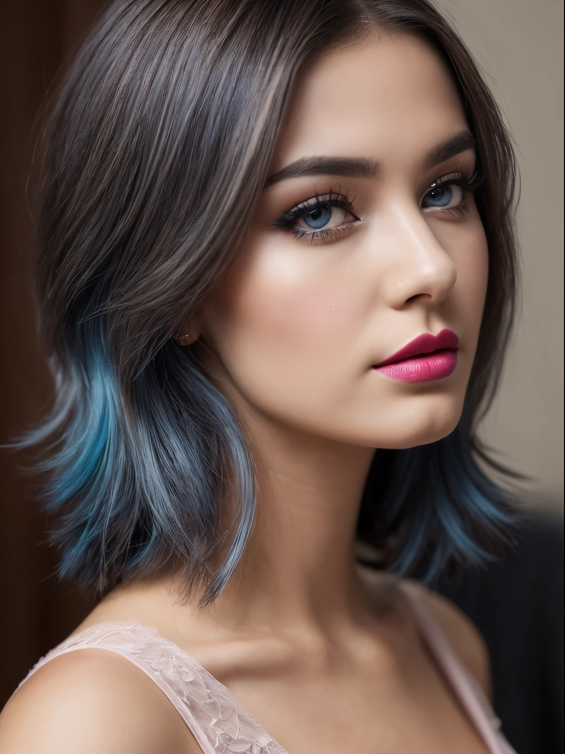 (Best quality,8K,A high resolution,Masterpiece:1.2, DSLR, 16k ),Ultra-detailed,(Realistic,Photorealistic,photo-realistic:1.37),Portrait, Creative style artwork, Historical, classical, Sophisticated, plethora of colors ,Highly detailed, Soft lighting, luxurious environment , black dress, there is young woman , girl wearing a red classy royal dress, performing a music video, slim fit (oval perfect shape, asymmetrical face structure, perfect proportion, almond eye type, hazal eye color, detailed eyes, blue hair color, 32 inch breasts, hourglass figure, slim body, pale white skin tone ,sexy girl, 25 years old, soft wavy hair, looking away, attitude expression, professional makeup, pink lips)