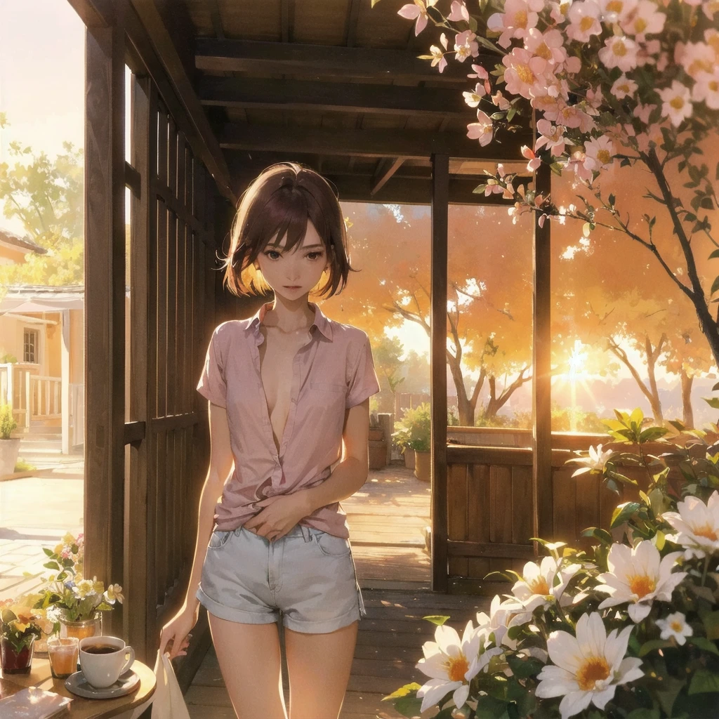 Exquisite, slender, delicate girl of 16 years old with a perfect gentle face of the southern type ((with short burgundy hair)) with freckles with a ruby earring in the rays of the rising sun, naked with delicate small breasts with pink nipples ((barefoot)) ((in an unbuttoned open pink shirt over his naked body and short burgundy shorts)) ((on the veranda of a wooden house in the garden)) ((drinks coffee and looks at flowers)), in watercolor style, discreet light shades, Flares, imitation of film photography, against the sun, a lot of sun glare, light fills the frame, High image quality, Maximum detail, sunset lighting, Warm evening shades, (warm golden and olive sunset light), big space eyes