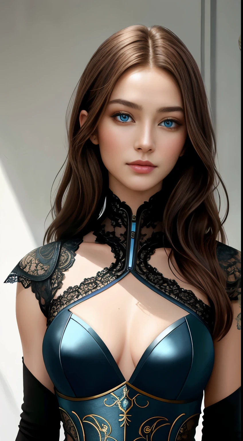 8k portrait of beautiful cyborg with brown hair,iintricate,ellegance,Highly meticulous,captivating blue eyes,A majestic,Digital photography,The artistic germination and art of Ruan Jia and Greg Rutkovsky Surrealist painting lace,brokenglass,(tmasterpiece,Sideslit,exquisite and beautiful eyes:1.2 ), Human Development Report,