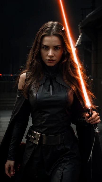 (best quality,highres:1.2),ultra-detailed,realistic:1.37,powerful Sith Lord,captivating portrayal,padme almidala,blazing red lightsaber,strikes through a Jedi,mesmerizing gaze,long flowing hair,pitch black cloak flowing behind her commanding presence,force lightning crackling around her,sinister aura,surrounded by darkness,ominous atmosphere,fierce determination,intense energy,evil incarnate,dark side of the force,master of manipulation,deceptive and cunning,dominating the battlefield,sith symbol prominently displayed,dark force powers unleashed,iconic and unforgettable,vivid colors,deep shadows,dramatic lighting,showdown of light and darkness,clash of good and evil but evil wins. There are dead Jedi with lightsaber marks in the background she has Yellow Sith Eyes
