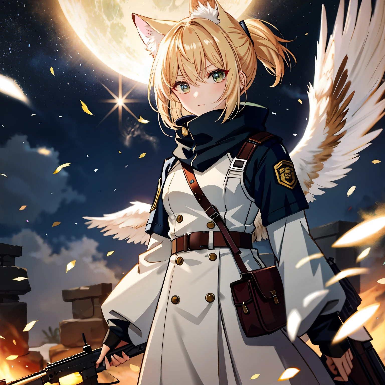 1. **Theme**: A character equipped with the latest military rifle from 2024 is preparing to deal with a situation in an environment reminiscent of a battlefield. The character is smoking a long cigarette, the tip of which is glowing red, and the smoke rising from it is drawing a complex pattern in the air.BRAKE
2. **Number of Characters**: One
3. **Worldview**: The world is a blend of anime and manga. The boundary between fantasy and reality is ambiguous, allowing for diverse expressions.BRAKE
4. **Character Traits**: The character is brave and determined, ready to face any challenge that comes her way. She is a seasoned soldier, skilled in various forms of combat.BRAKE
5. **Body Type and Skin Color**: The character has a slim and muscular body type, with a natural skin color.BRAKE
6. **Kemomimi and Tail**: The character has the ears and tail of a sand cat.BRAKE
7. **Costume and Costume Color**: The character is wearing a camouflage pattern combat uniform. The color is mainly khaki and brown.BRAKE
8. **Hairstyle and Hair Color**: The character has long hair, with other hairstyles (ponytail, twintail, bob cut) as arranged hairstyles. The hair color is mainly gold, with a little blue and green added as a gradient.BRAKE
9. **Presence and Details of Wings**: The character does not have wings.BRAKE
10. **Presence and Details of Cigarette**: The character is smoking a long cigarette. The tip of it is glowing red, and the smoke rising from the cigarette spreads in the air, drawing a complex pattern.BRAKE
11. **Props**: The character is equipped with a 2024 model latest military rifle.BRAKE
12. **Emotions and Movements**: The character is smoking. The expression is calm, and the eyes are looking forward.BRAKE
13. **Environment Details**: The environment is a battlefield-like setting, with details such as scattered debris, trenches, and distant explosions. The atmosphere is tense and chaotic.BRAKE
14. **Action Details**: The character is in a relaxed pose, taking a moment to
