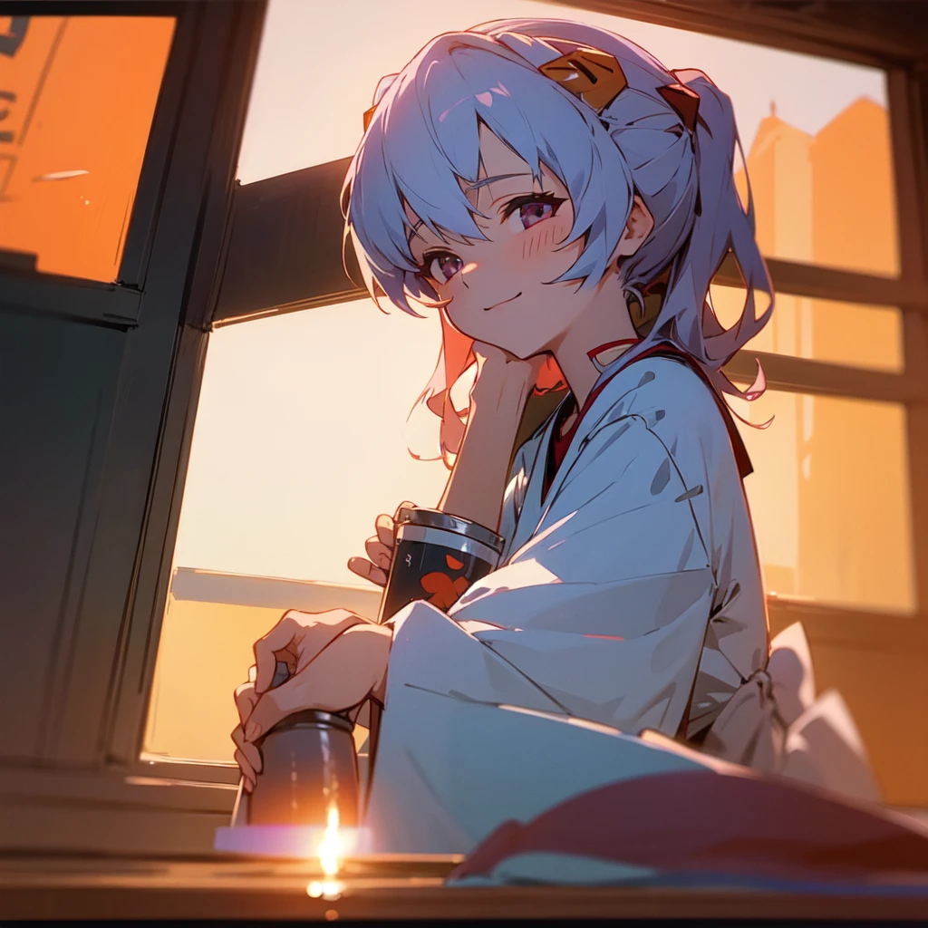 1 girl, ayanami, Evangelion, 8k, highest quality, A kind smile, Japanese Fabric, Looking out the window, Twilight Light, Detailed information,drinking beer, summer, Cool Style, Bright colors