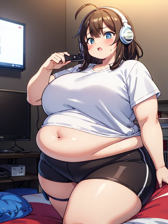 Massively obese girl, messy short brown hair, white t-shirt, sports shorts, determined face, chubby cheeks, fang, game controller, blob, ussbbw, morbidly obese, fat rolls, navel, ahoge, , sweating, headphones, BREAK bedroom, gaming room, night