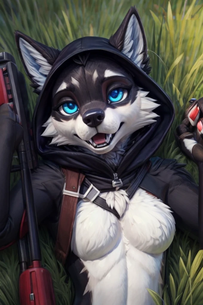 [W=" female, slim, thin suit, anthro wolf, (pack leader highwire), cute, hood, fluffy fur, thin digitigrade boots, fluffy tail"], w is lying on the grassfield while holding a gun(sniper's gun), defeated, submessed, hands raised like gives up, realistic fur, sunny day, fortnite art, lol concept art, masterpiece, breathtaking, trending on artstation,  superb linework,  vivid eyes color, by pixelsketcher, by pikaflufftulf, by hioshiru, very realistic, higly detailed, close-up quality, superb accuracy, glowing wolf's theets, glowing eyes,